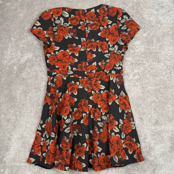 Black Red Rose Floral Mini Dress Size L Skater Romantic Grunge Forever 21 - Picture 3 of 5